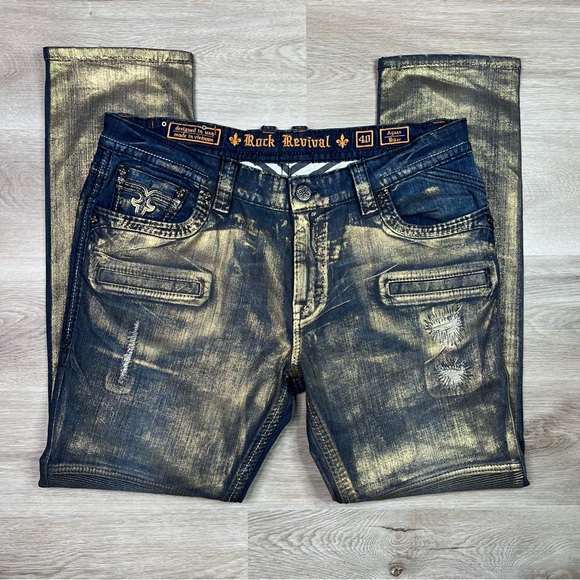 Rock Revival Gold Foiled Ayaan Biker Jeans Size 40 - Picture 6 of 16